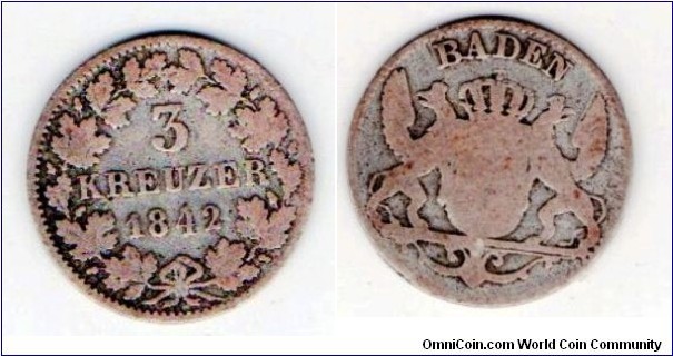Baden 
3 Kreuzer
Value & Date
Coat of arms