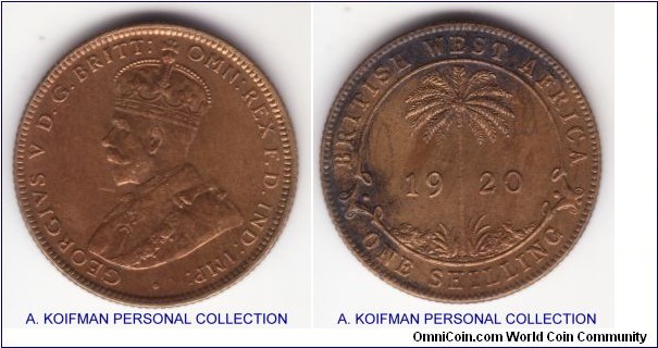 KM-12a, 1920 British West Africa shilling, King Norton's mint (KN mintmark); tin brass, reeded edge; uncirculated or almost; mint mark variety with same size K and N letters.
