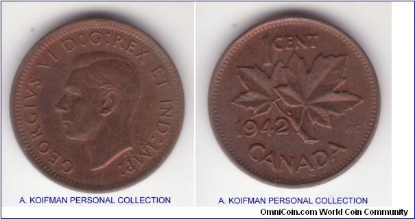 KM-32, 1942 Canada cent; bronze, plain edge; average uncirculated, reverse is lighter toning than obverse