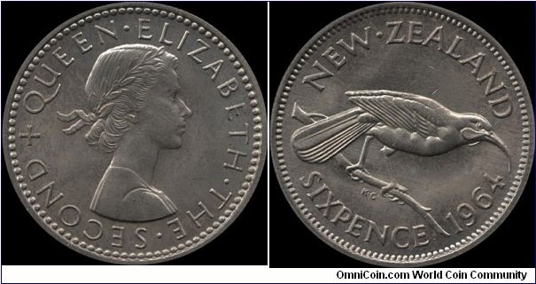 New Zealand 6 Pence 1964
