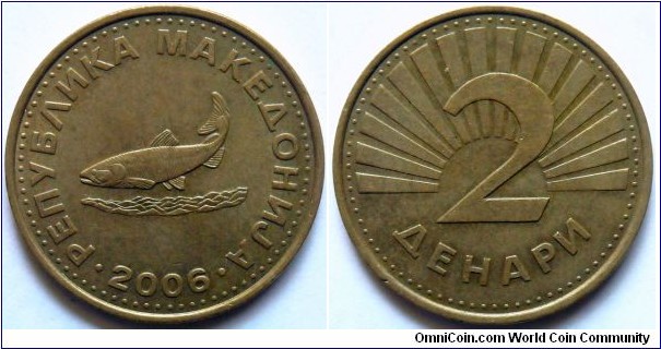 2 denari.
2006, Cu-Ni-Zn.
Weight; 6,2g. Diameter; 25,5mm.
Plain edge. Design; Biljana Unkovska. Minted in Samokov, Macedonia.