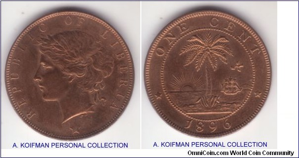 KM-5, 1896 Liberia, Heaton mint (H mintmank); bronze, plain edge; nice uncirculated or about