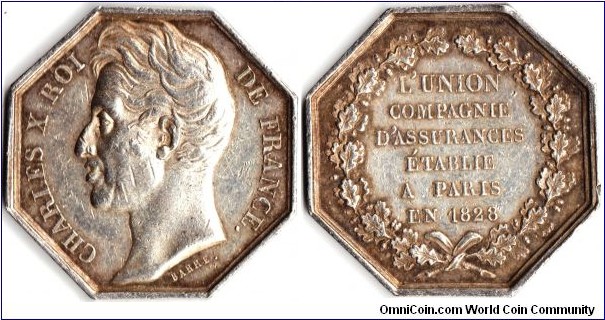 Silver jeton de presence issued during the reign of Charles X in 1828 for the french assurance company `L'Union'