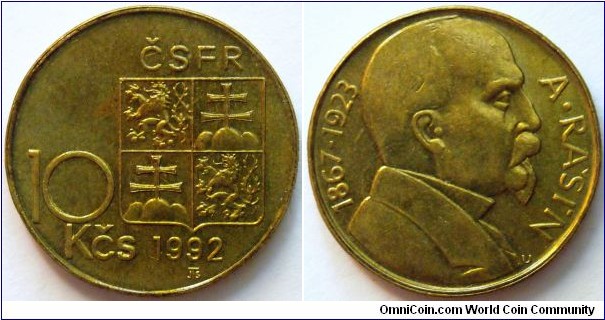 10 korun.
1992, Alois Rasin (1867-1923) Czechoslovakia - Federation.