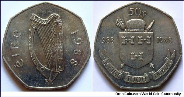 50 pence.
1988, Dublin Millenium. Cu-ni. Weight; 13,5g.
Diameter; 30mm.
Plain edge. Mintage; 5.000.000 units.