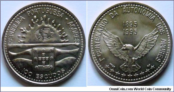 100 escudos.
1995, Centennial of Azorean Autonomy.
Cu-ni. Weight; 15,1g. Diameter; 33,2mm. Mintage; 500.000 units.
