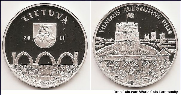 50 Litu
KM#219
Silver Ag 925 Quality proof Diameter 38.61 mm Weight 28.28 g. The words on the edge of the coin: ISTORIJOS IR ARCHITEKTUROS PAMINKLAI (HISTORICAL AND ARCHITECTURAL MONUMENTS). Coin dedicated to Vilnius Upper Castle (from the series 