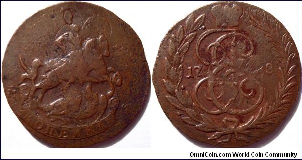AE 1 kopeck 1788 MM, overstruck on 1762 2 kopeck coin.