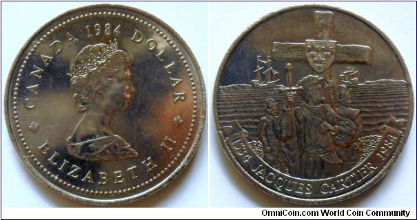 1 dollar.
1984, 450th Anniversary of Jacques Cartier's landing at Gaspe, Quebec.