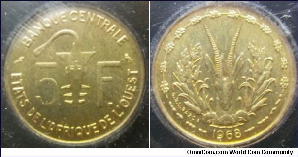 West African State 1968 5 francs. 