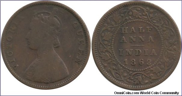 India-British ½ Anna 1862(C) bronze