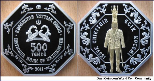 500 Tenge - Issyk chieftain - 31.1 g Ag .925 Proof (partially gold plated) - mintage 5,000