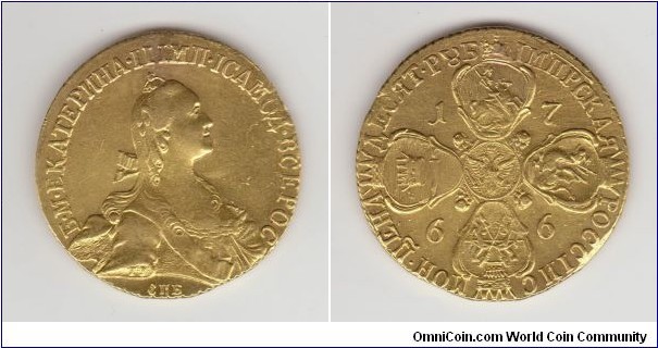 SOLD/Russia. 10 Golden Roubles, 1766 Catherine II The 
Great, 1762-1796. Bust right. Mint 
mark CПБ, Reverse: Cross of four shields.
13,05g.
Mintage:159.133