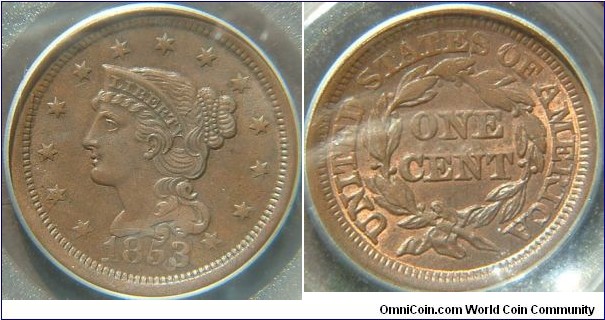 PCGS MS63 Large Cent. Brown with some red luster showing in spots. Weak reverse strike.