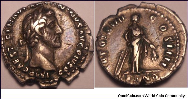 ANTONINUS PIUS
silver denaruis
 IMP CAES T AEL HADR ANTONINVS AVG PIVS P P
laureate head right 	TR POT XIIII COS IIII,
Tranquilitas standing right with rudder & corn ears. RCV 4108. 18mm, 3.1g 