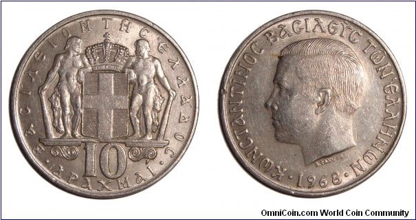 GREECE~10 Drachma 1968.