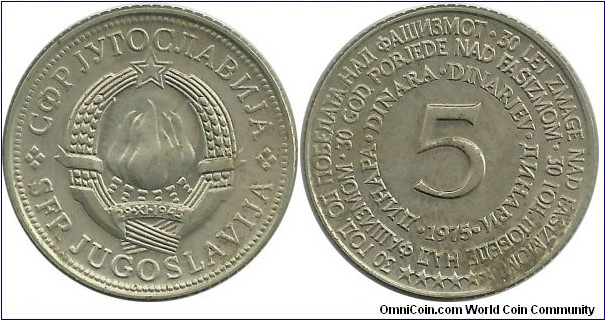 Yugoslavia-SFR 5 Dinara 1975-30th Anniversary Defeat of Nazis