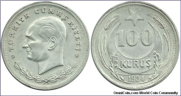 Türkiye 100 Kuruş 1934 - Mustafa Kemal Atatürk, first turkish alphabet written coin.
