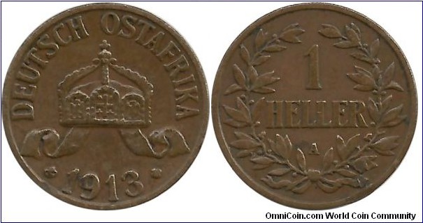 Deutsch Ost Afrika 1 Heller 1913A (mintmark A = Berlin,Germany)