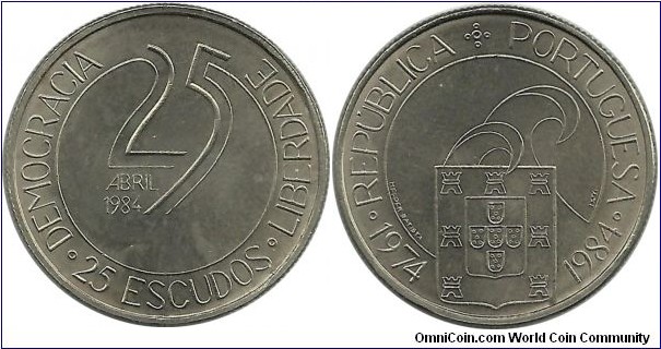 Portugal 25 Escudos 1984 10th Anniversary of Revolution