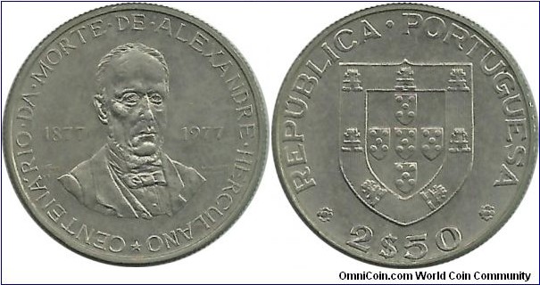 Portugal 2,50 Escudos 1977 Centennary Death of Alexandre Herculano