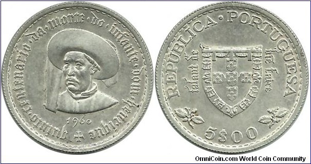 Portugal 5 Escudos 1960 - 500th Anniversary  Death of Prince Henry the Navigator