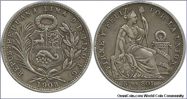 Republica de Peruana 1/5 Sol 1908