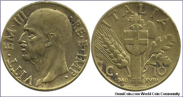 Italy 10 Centesimi 1940R-XVIII