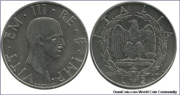 Italy 2 Lire 1939R-XVIII