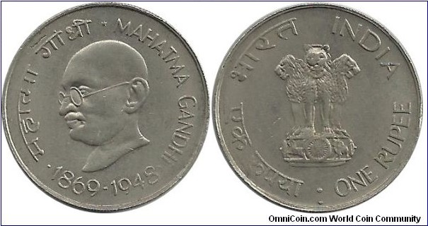 India 1 Rupee 1969 Mahatma Gandhi 1869-1948