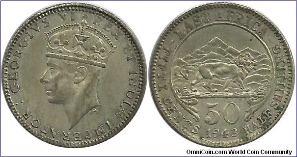 British East Africa 50 Cents / ½ Shilling 1943