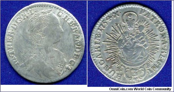 3 kreuzer.
Kingdom of Hungary.
Maria Theresia (1745-1780), Empress of Holy Roman Empire, Queen of Hungary & Bohemia.
*KB* - Kremnitz mint.



Ag344f. 1,70gr.