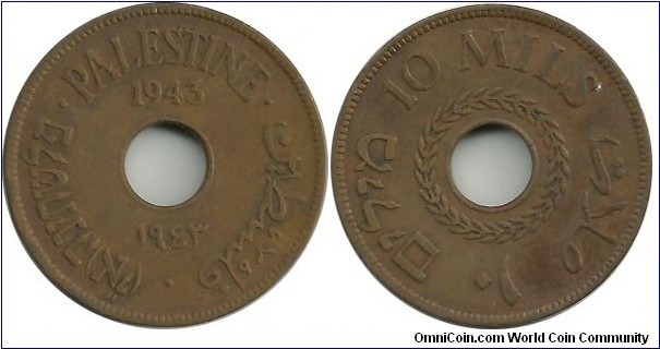 Palestine 10 Mils 1943(Bronze)