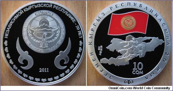 10 Som - 20 years of independence - 28.28 g Ag .925 Proof (enameled flag partially gold plated) - mintage 2,000