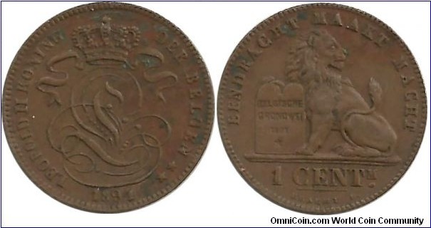 Belgium 1 Centime 1894 - Dutch Legend