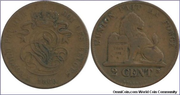 Belgium 2 Centimes 1860