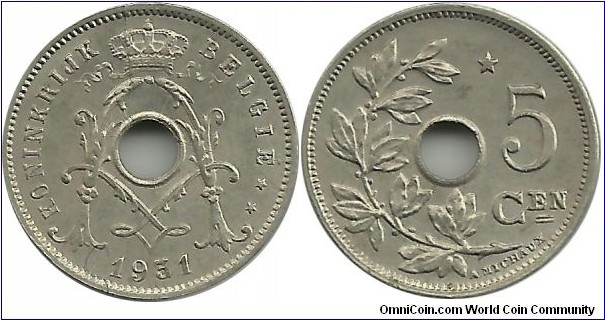 Belgium 5 Centimen 1931 star - Dutch Legend