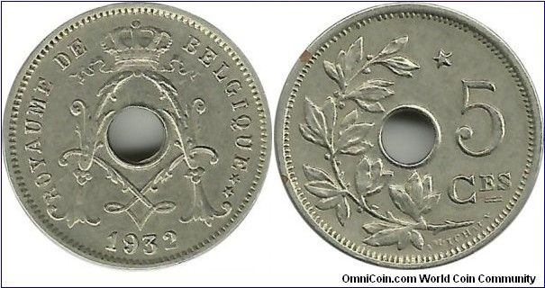 Belgium 5 Centimes 1932 star - French Legend