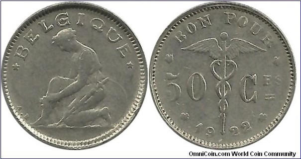 Belgium 50 Centimes 1922 - French Legend