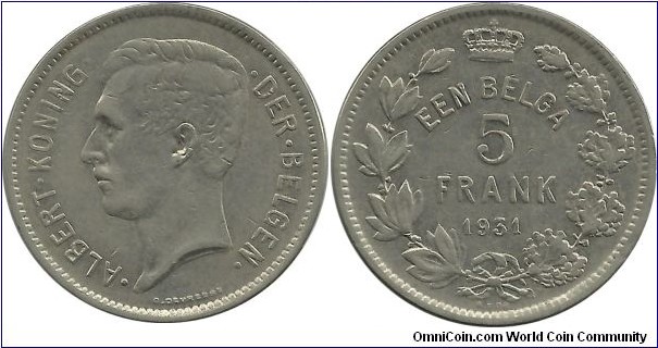 Belgium 5 Frank, 1 Belga 1931 -  Dutch Legend