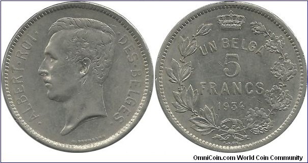 Belgium 5 Francs, 1 Belga 1934 - French legend