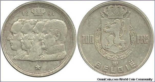 Belgium 100 Francs 1951 - Dutch Legend
-left to right:King
Leopold III, Albert,  Leopold II, Leopold I