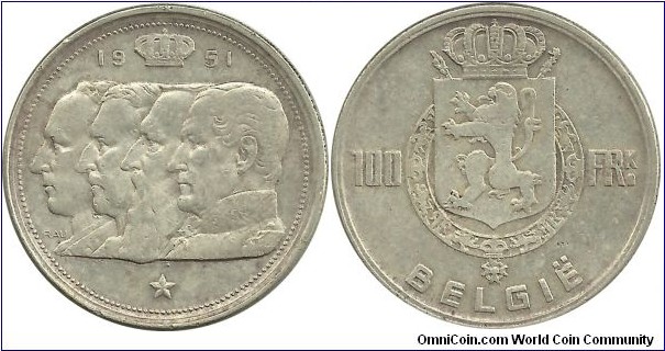 Belgium 100 Francs 1951 - Dutch Legend
-left to right:King
Leopold III, Albert,  Leopold II, Leopold I