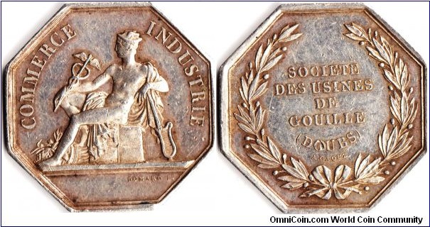 silver jeton issued for the `Societe de Usines de Gouille' circa 1836, an enterprise which mined and smelted iron for use in mechanical engineering works and based at Gouille, just outside Besancon.