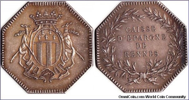 silver jeton minted for trustees of the the Caisse D'Epargne de Rennes (Rennes Savings Bank)circa 1880.