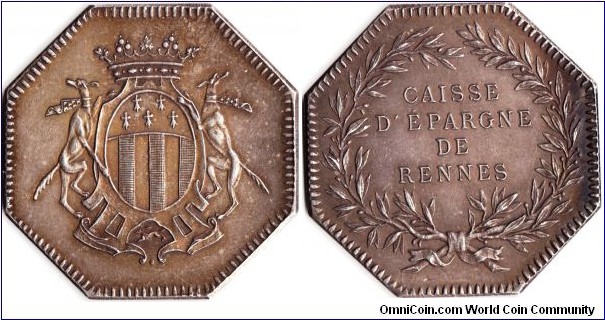 silver jeton minted for trustees of the the Caisse D'Epargne de Rennes (Rennes Savings Bank)circa 1880.