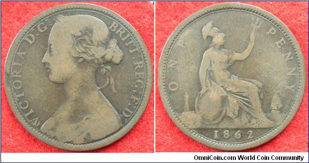 UK Penny. 1862 F041. Small date numerals. (UK-CGS) VG10.