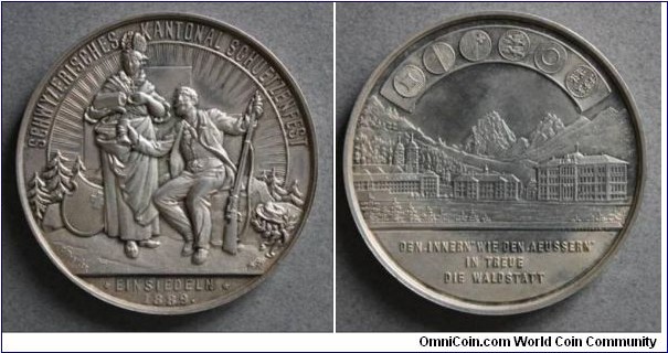 Swiss Schwyz Einsiedeln Schwyzerisches Kantonalschutzenfest
Medal by C. Theiler/Vasco Schlutter. Silver 46MM
