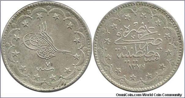 Ottoman 20 Kurus 1277-7 (1868)