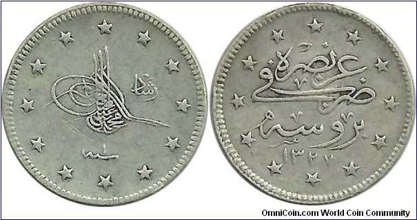 Ottoman 2 Kurus 1327-1 (Bursa) (1910)